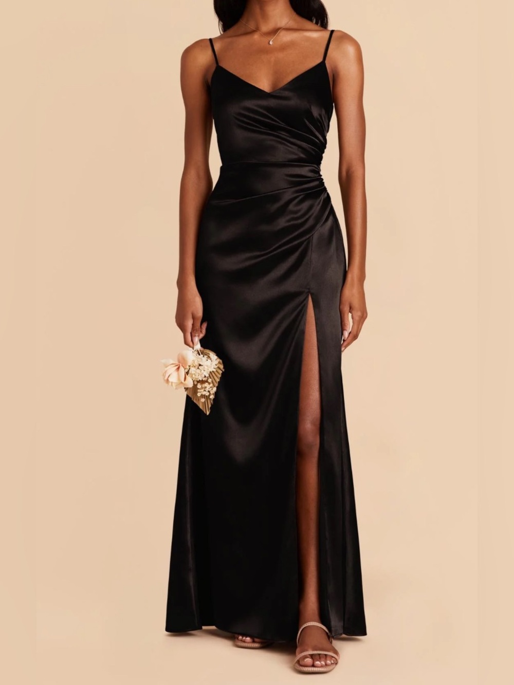 Birdy Grey Black Satin Spaghetti-Strap Maxi Dress with Side Slit